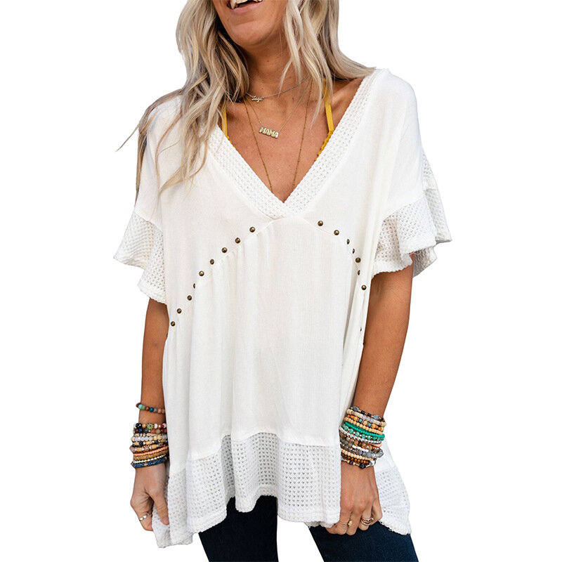 Women Hollow Out Rivet Spliced V-Neck T-shirt Women's Clothing Fashion Summer Casual Loose Lace Off Shoulder Tops Pullovers