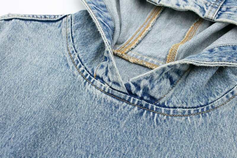 Kobiety 2023 nowa moda boczne kieszenie dekoracja luźny dżins bluzy Vintage długi rękaw z kapturem damskie swetry eleganckie koszule