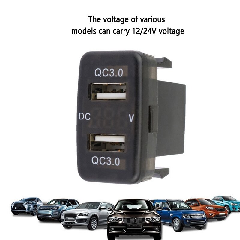 デュアルusb3.0自動車充電器,ディスプレイ,電圧計,黒,トヨタ向け