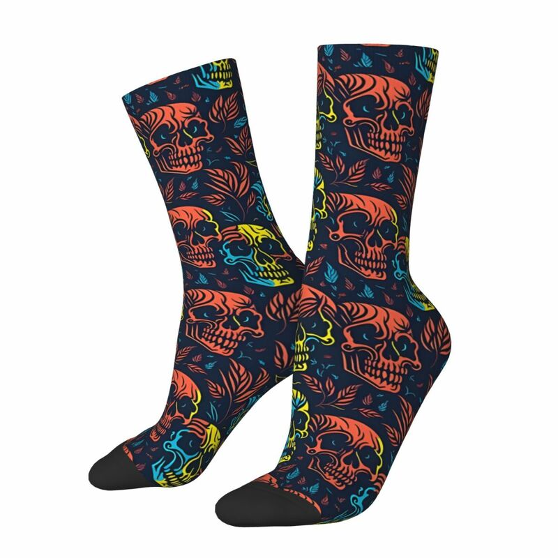 Kaus kaki gila lucu untuk pria tengkorak bunga warna-warni Hip Hop tengkorak Grunge kualitas pola dicetak kaus kaki kru hadiah baru