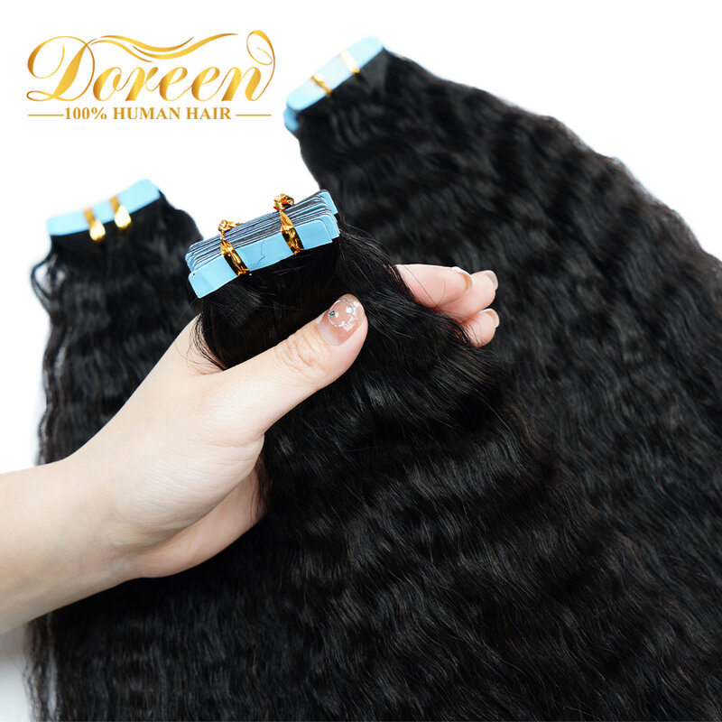 Doreen 14-24 дюйма, курчавая прямая лента для наращивания человеческих волос, 100% невидимая лента для волос, натуральные черные бразильские волосы, 50 г