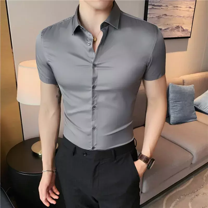 Plus Size 4XL-M Summer Short Sleeve Thin Shirt Men Clothing 2023 Simple Business Formal Wear Slim Fit Casual Dress Blouse Homme