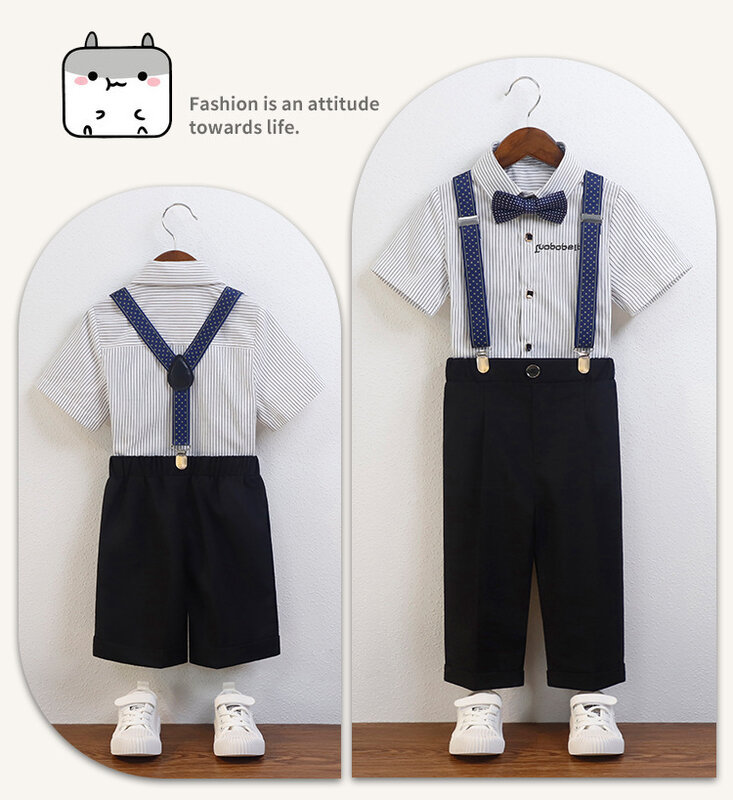 Gentleman Kids Summer Breathable Shirt Pants Strap Bowtie School Suit Children Photography Costume Boys Kindergarten Party Dress