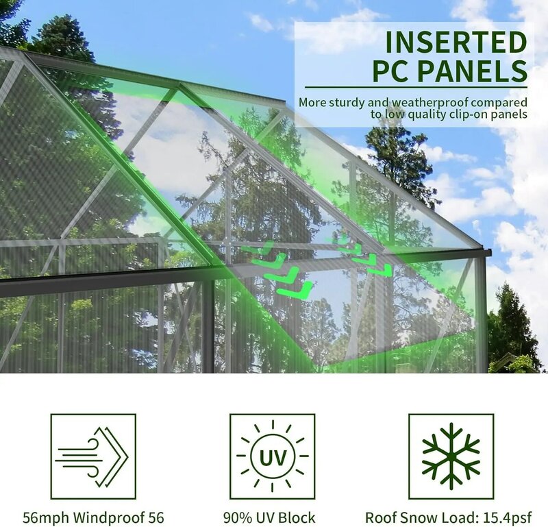 Estufa de policarbonato com aberturas de telhado ajustáveis, moldura de alumínio walk-in, casas verdes para exterior, 6x8 pés, 12 pés, 14 pés
