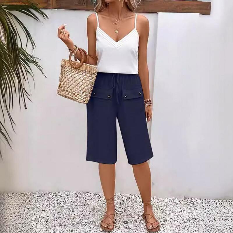 Women Casual Trousers Stylish Knee Length Women's Shorts with Drawstring Elastic Waist Buttoned Front Pockets for Casual Daily