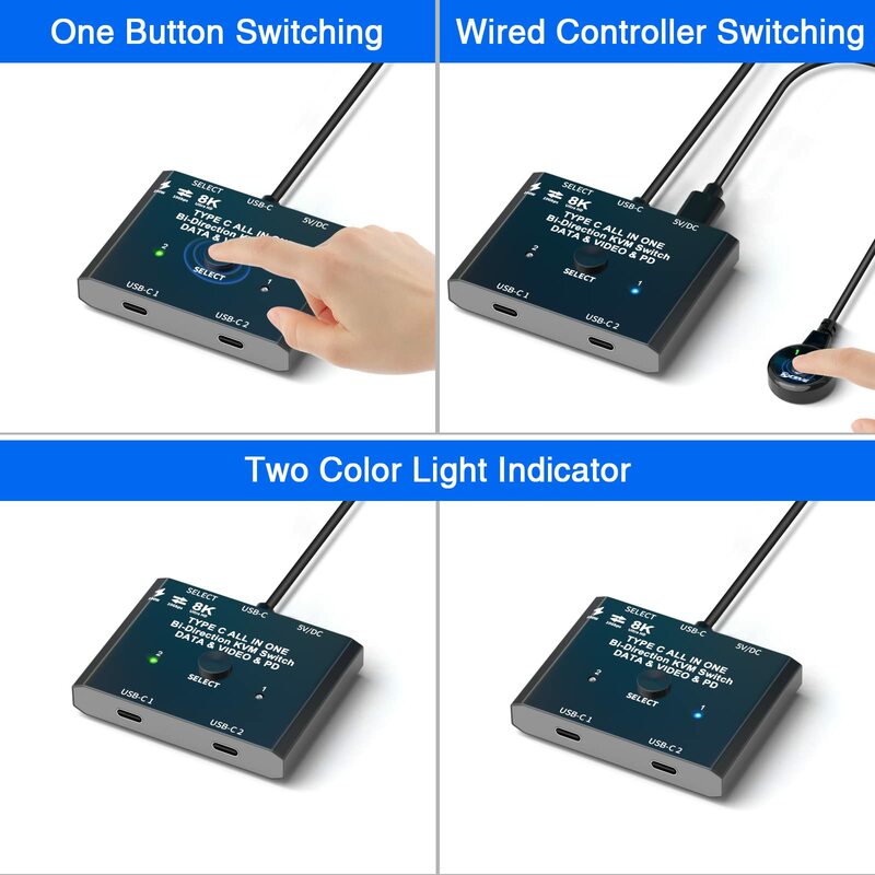 8K USB C Bi-Direction Switch 1x2/2x1 Data Video Switcher USB 3.1 PD 100W Splitter For Computer Monitor Multiple Source KVM