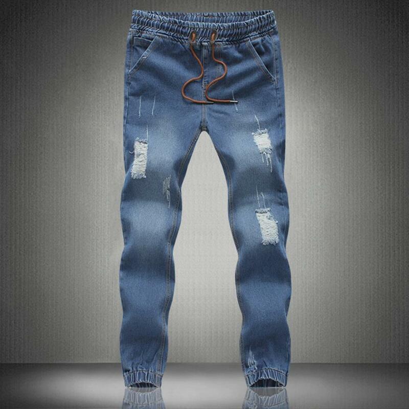 Jeans rasgado com cordão masculino, calça lápis, jeans slim fit, comprimento do tornozelo, jeans skinny casual, na moda