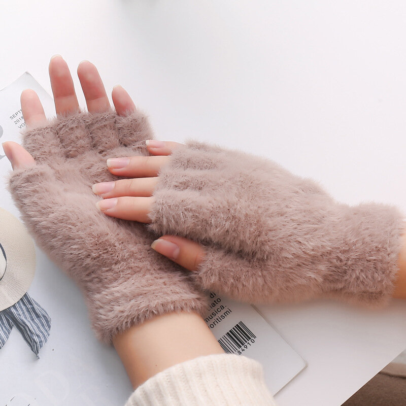 ชายหญิงครึ่งนิ้วฤดูหนาวเลียนแบบ Mink Cashmere ถุงมือ Touch Screen เขียนขนสัตว์ Warm Mittens กลางแจ้งกีฬา