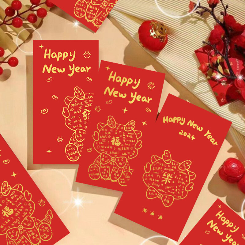 6 Stuks Cartoon Drakenjaar Hongbao Rode Enveloppen Voor 2024 Nieuwe Jaar Lentefestival Rood Pakket Geluksgeld Pakjes Cadeauzakje