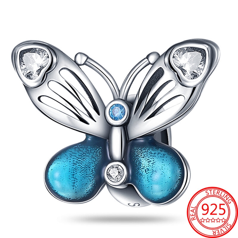 Borboletas azuis & Citação Duplo Dangle Charme, Espumante Beads, Fit Marca Pulseira, 925 Presente Da Jóia de Prata, Novo