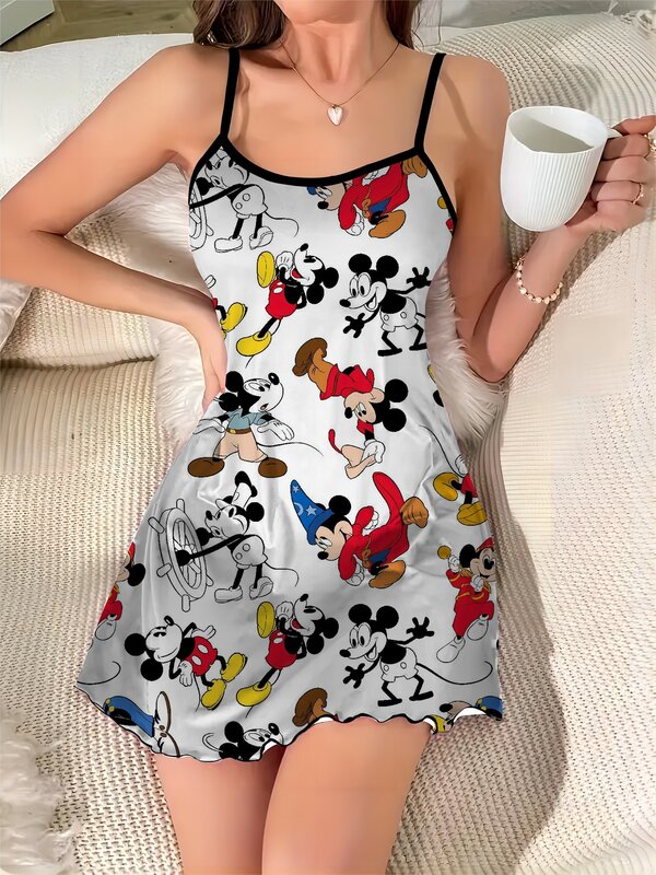 Vestido Sexy de Mickey y Disney, falda de pijama de superficie de satén con cuello redondo y ribete de lechuga de Minnie Mouse, elegante y a la moda para verano, 2024