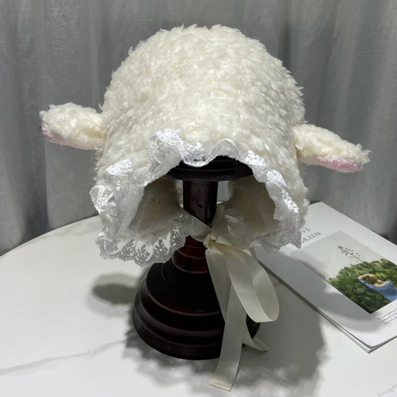 Gorros de encaje con orejas de gato para disfraz, sombrero de cubo de Cosplay suave y esponjoso, cálido, regalo de Navidad, invierno, 2023