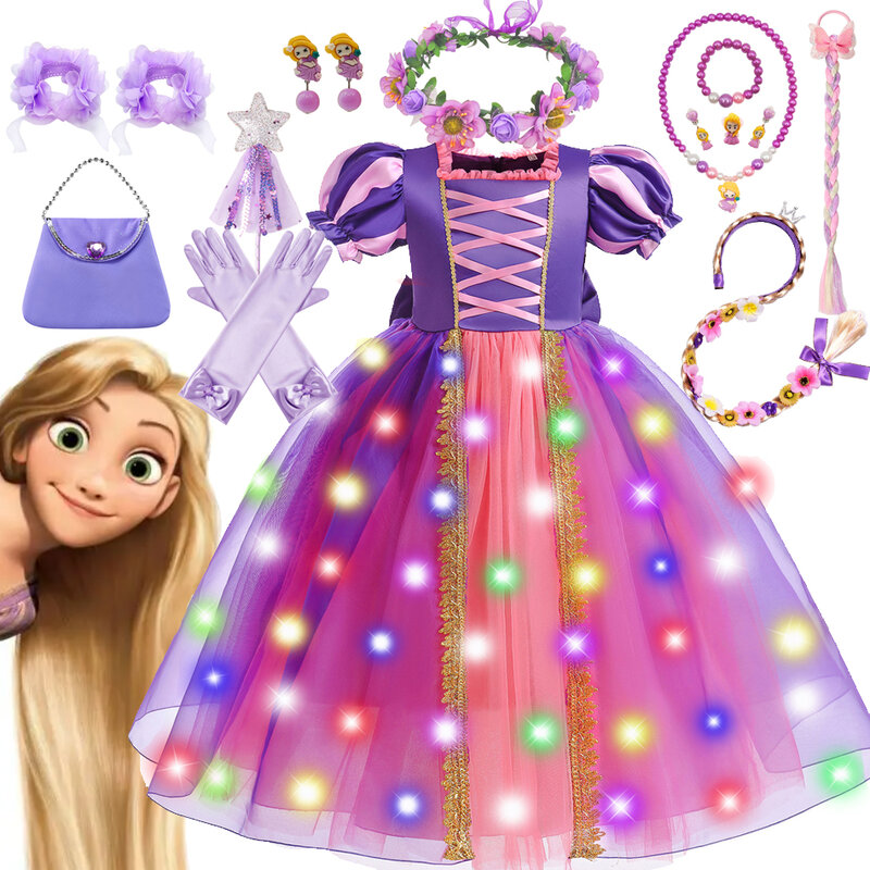 Disney disfraz de Rapunzel para niñas, vestido de lujo con lentejuelas, luz LED enredada, película, Carnaval, cuento de hadas, 2, 6 y 10 años