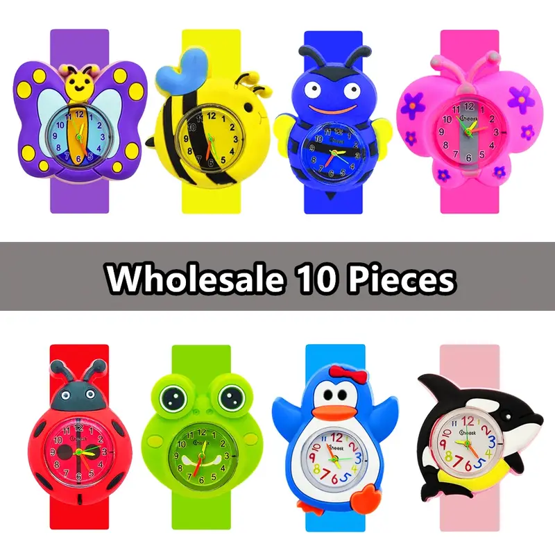 Wholesale 10Pcs/lot Children Watch Clock Cartoon Bee,Ladybug,Butterfly,Frog,Penguin,Whale Toy Kids Slap Wrist Watches Baby Gift