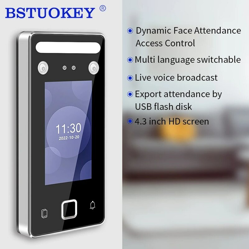 RFID Dynamic Face Recognition Access Control TCP IP 4.3" Touch Screen Facial Camera Attendance Device Office Campus Community