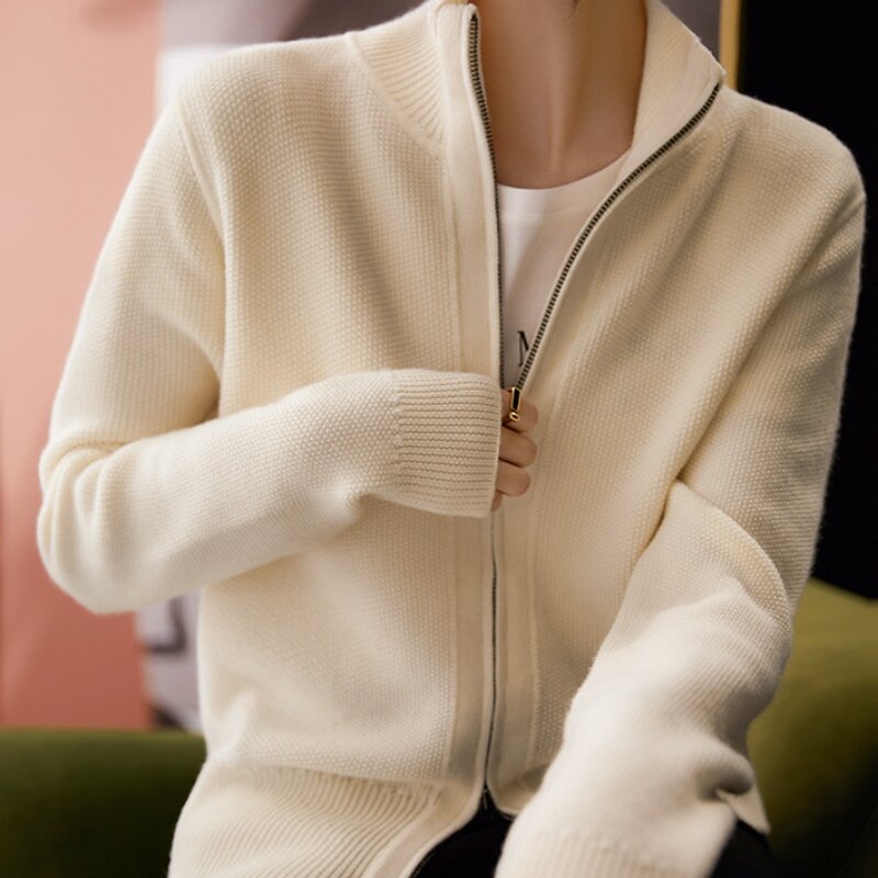 High Necked Imitation Wool Cardigan Women's Spring Autumn Coat Zippered Solid Color French Fashionable Knit Sweater Jacket Top
