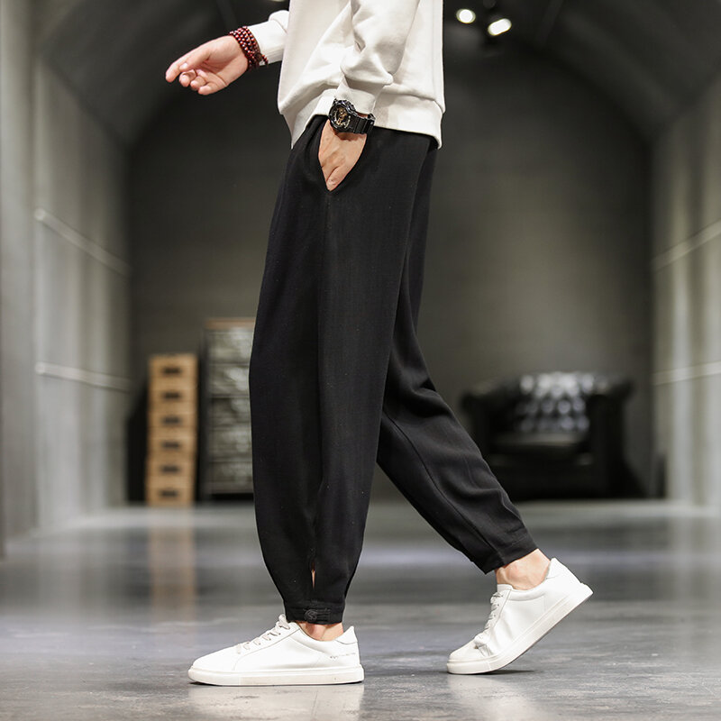 Pantalones casuales de verano de estilo chino pantalones de harén de lino de algodón sueltos transpirables y cómodos pantalones de tobillo de hebilla de disco