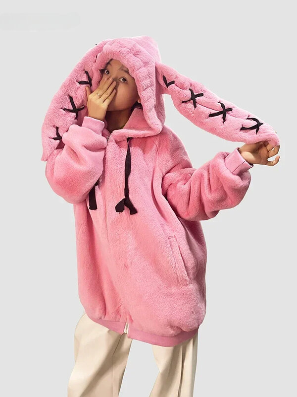 Sweet Pink Furry Jacket women's 2023 Winter New Cute Rabbit Ears stile giapponese Harajuku cappotto di pelliccia caldo spesso Casacos Feminino