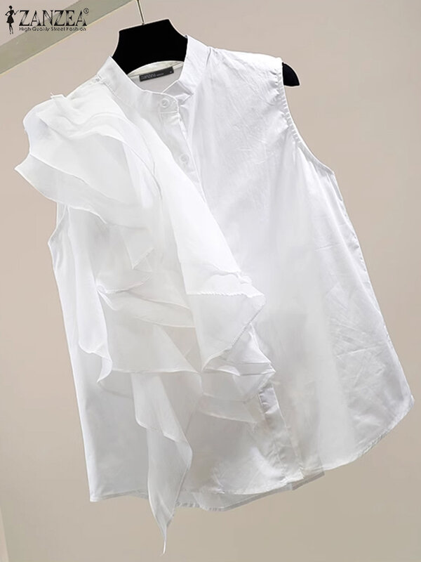 Блузка ZANZEA женская с объемными оборками, модный однотонный топ без рукавов, Офисная рубашка на пуговицах, свободная рубашка для отдыха, лето 2024