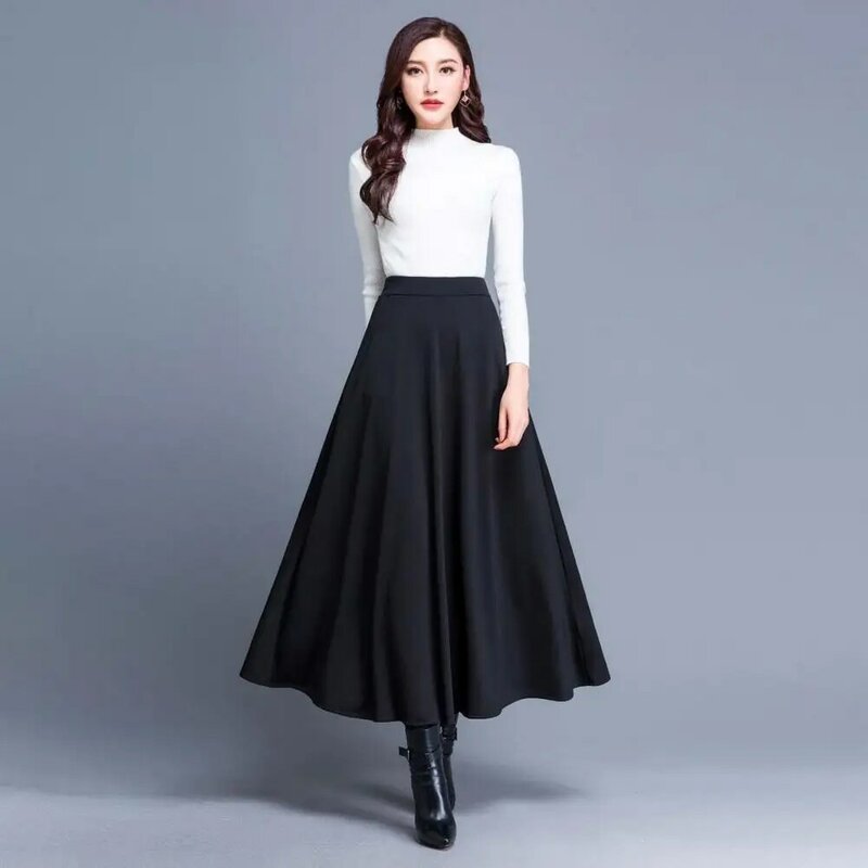 Hot !!! Women's Midi Skirt Elastic Waist Thick Lady Solid Color High Waist A-Line Long Skirt  High Skirts