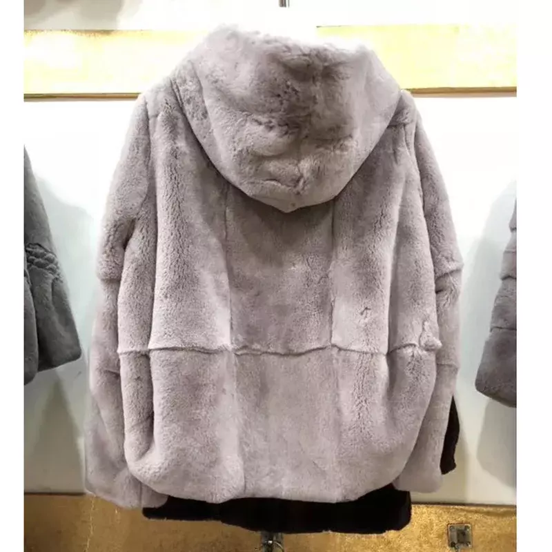 Abrigos de piel para mujer, abrigo de piel de conejo Rex, ropa informal, cálida, suelta, con capucha, chaqueta de piel Real para mujer, Lq