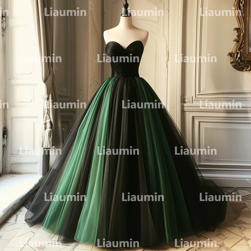Gaun Prom malam tanpa tali Tulle hitam hijau gaun pengantin panjang penuh pakaian pesta acara Formal W15-38 kustom