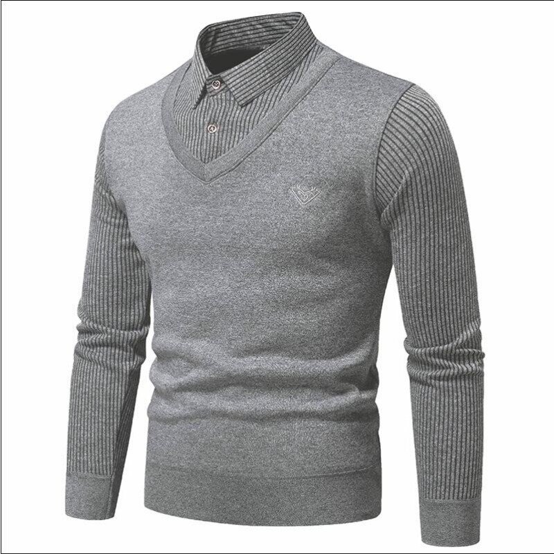 Suéter falso de dos piezas para hombre, Jersey de punto de lana gruesa, Cuello de camisa coreano, informal de negocios, Otoño e Invierno