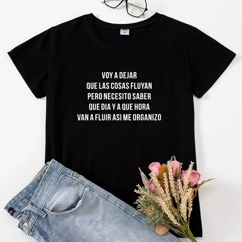 T-shirt manches courtes pour femmes, décontracté, respirant, noir et blanc, avec lettres espagnoles imprimées