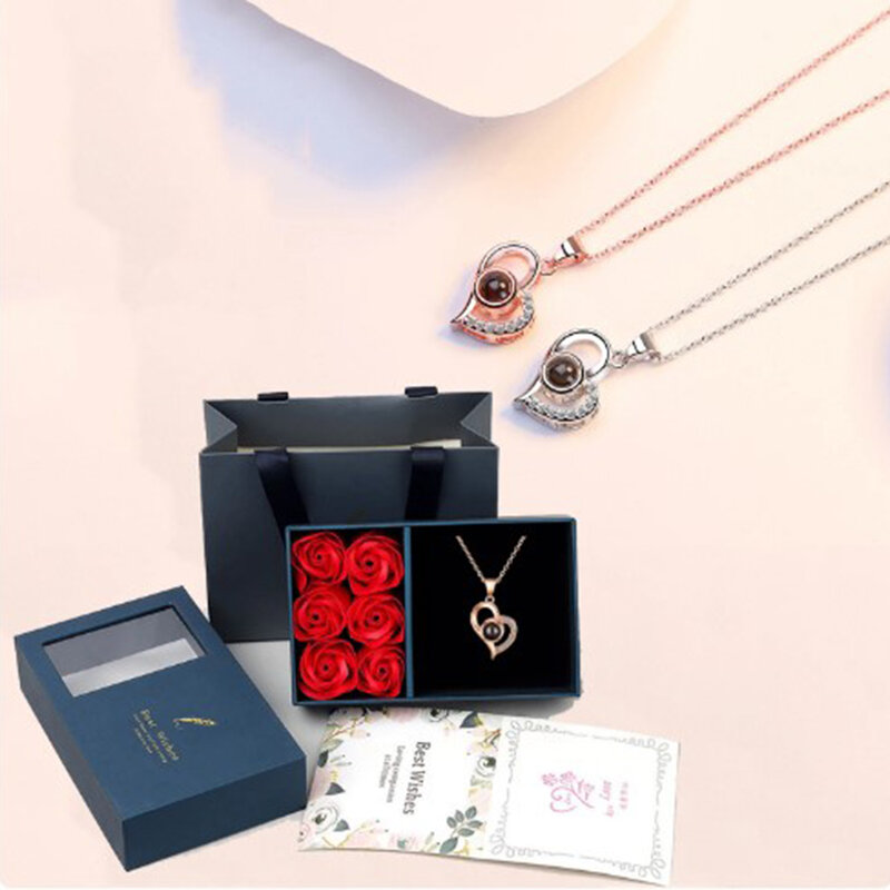 Caja de joyería con flor rosa, organizador de joyas abierto con ventana de papel, almacenamiento de anillos, pendientes, collar, colgante, regalo del Día de San Valentín