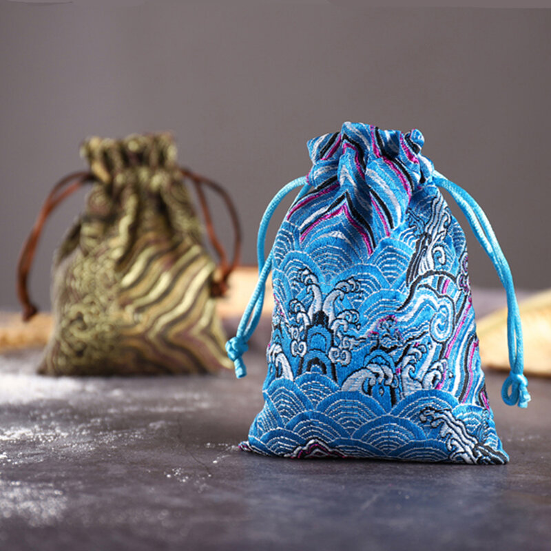 Атласная винтажная сумка для хранения с вышивкой, Рождественская Подарочная сумка на шнурке, Свадебная Упаковка для украшений на день рождения