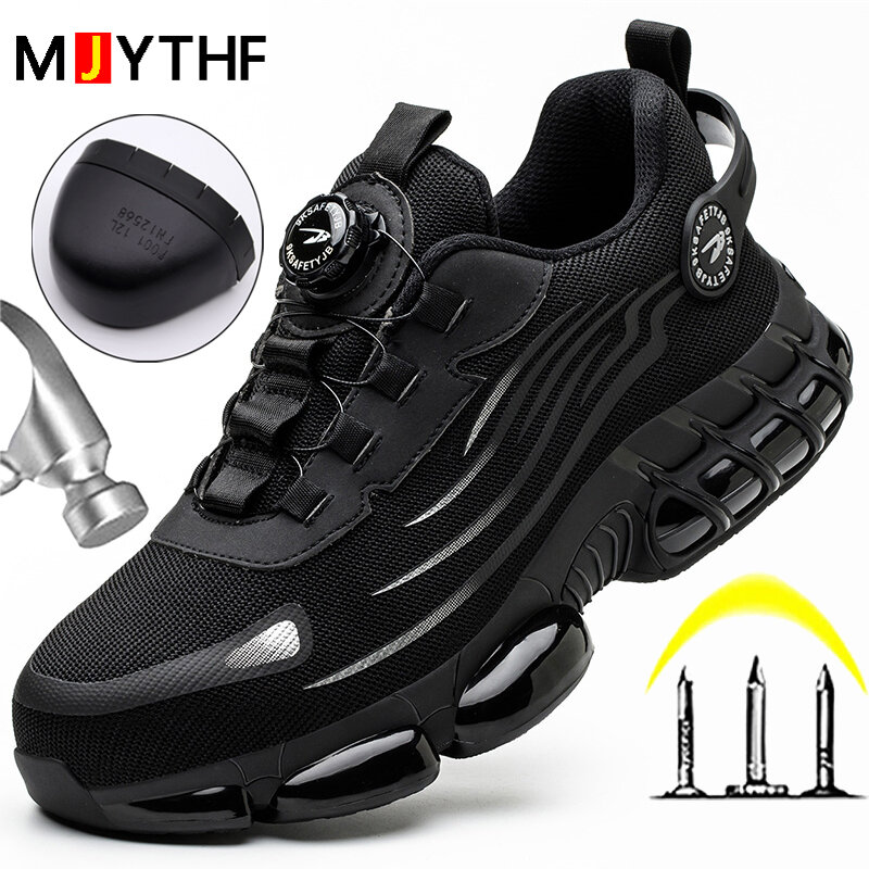 Sapatos de segurança de botão rotativo masculino, tênis à prova de perfurações, sapatos protetores, botas de aço indestrutível, marca