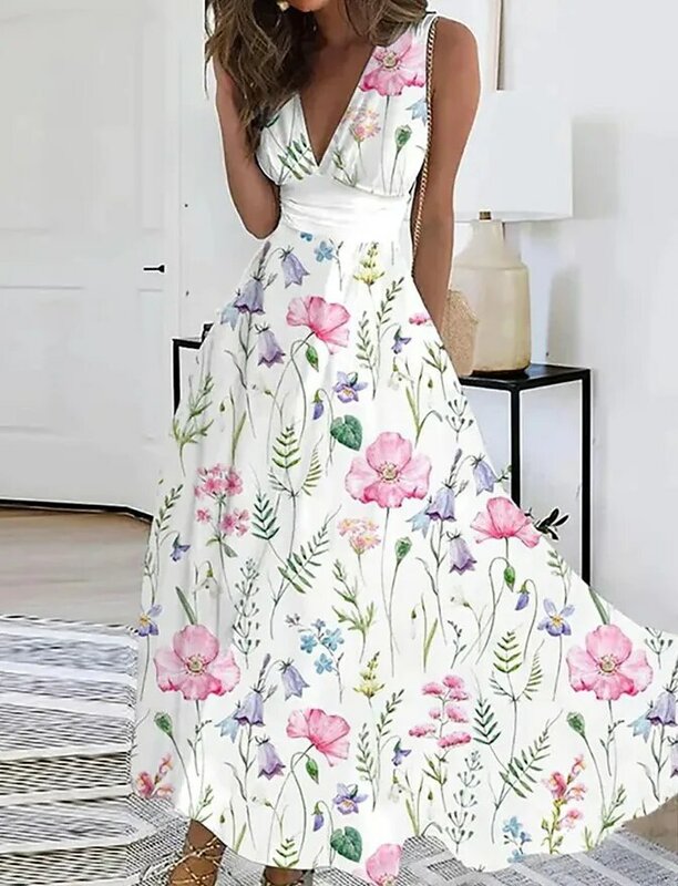 2024 Summer Women's Elegant Party Sleeveless Long Dress Robe Sexy Bohemian Print Dress Tank Top Casual Sundress
