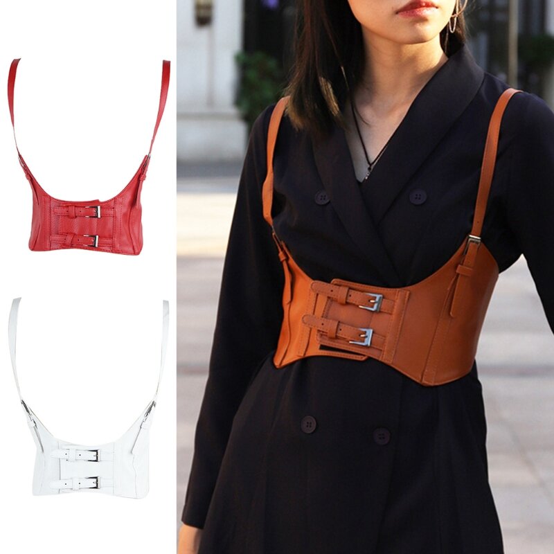 Women Vintage Gothic Faux Leather Underbust Corset Crop Top Solid Color Adjustable Vest Waist Belt Cincher Double Buckle Bodice