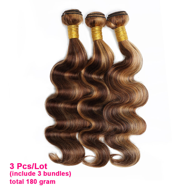 Body Wave Highlight P4/27 Human Hair Bundles 60Gram 10 to 22 Inch Pre-colored Brown Blonde Peruvian Hair Extensions 1/3/5/7Pcs