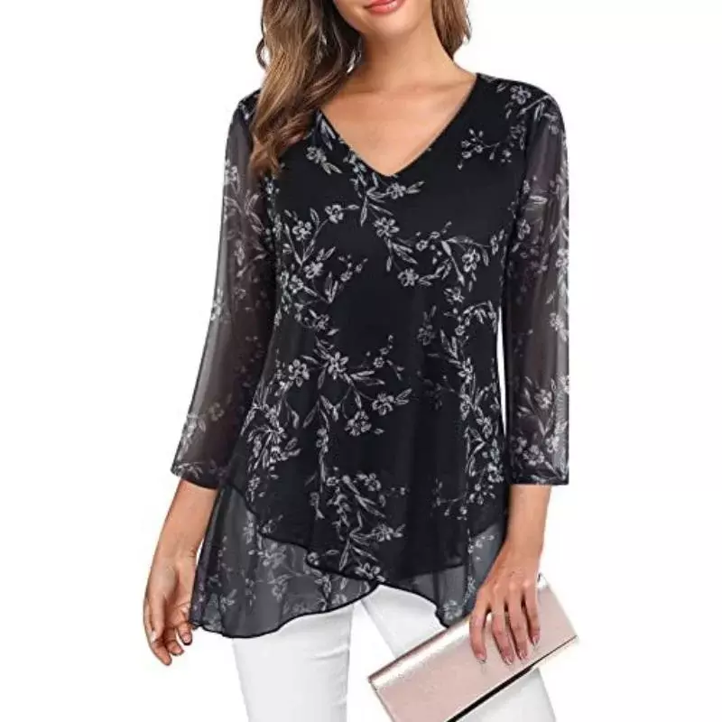 Jersey con cuello en V para mujer, camiseta asimétrica con dobladillo de siete mangas, estampado de color sólido, elegante, primavera y otoño