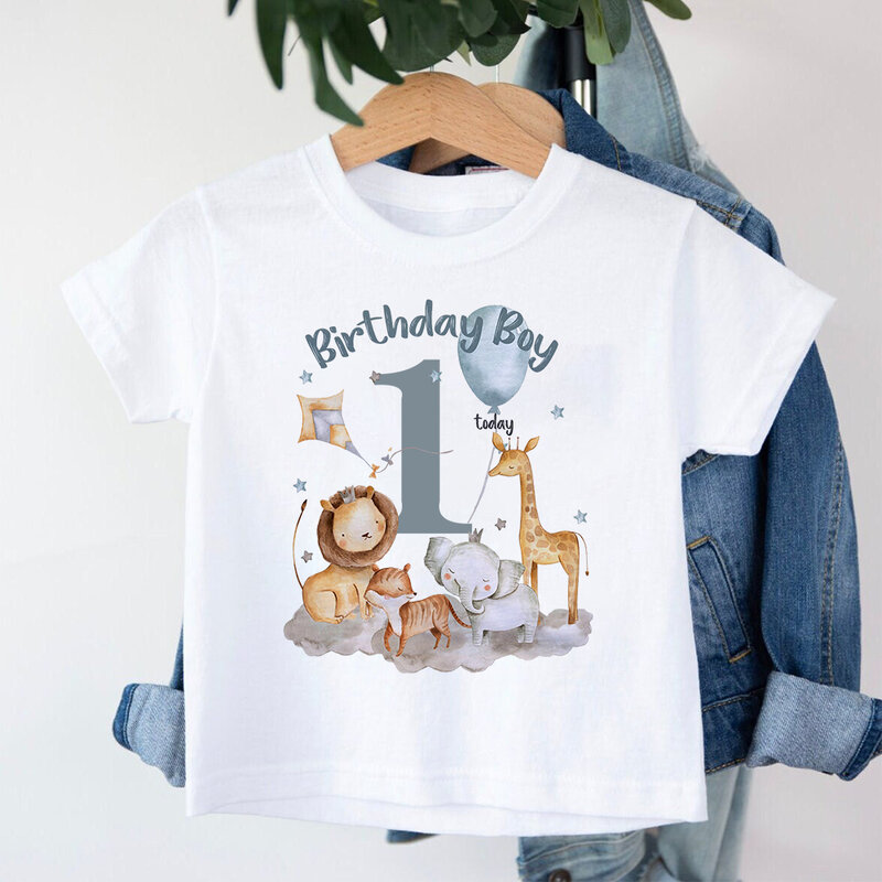T-shirt de aniversário para meninos Wild One Tee, estampa animal safari, roupas temáticas, tops infantis, tops de festa de 1 a 12 anos