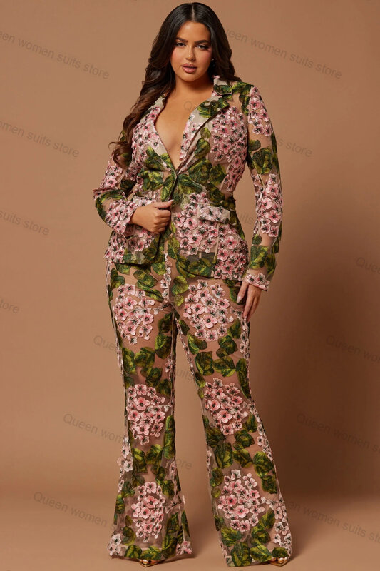 Женский костюм-двойка с цветочным принтом, блейзер и брюки