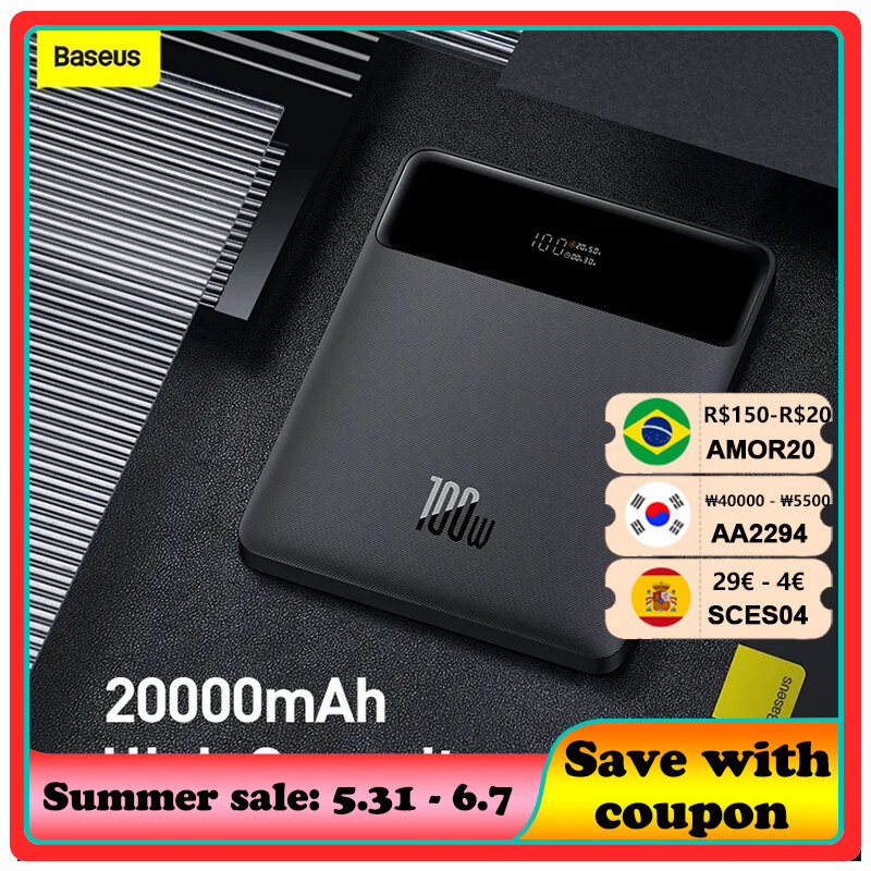 Baseus 100W Power Bank 20000Mah Type C Pd Snel Opladen Powerbank Draagbare Externe Acculader Voor Notebook Met 100W Kabel