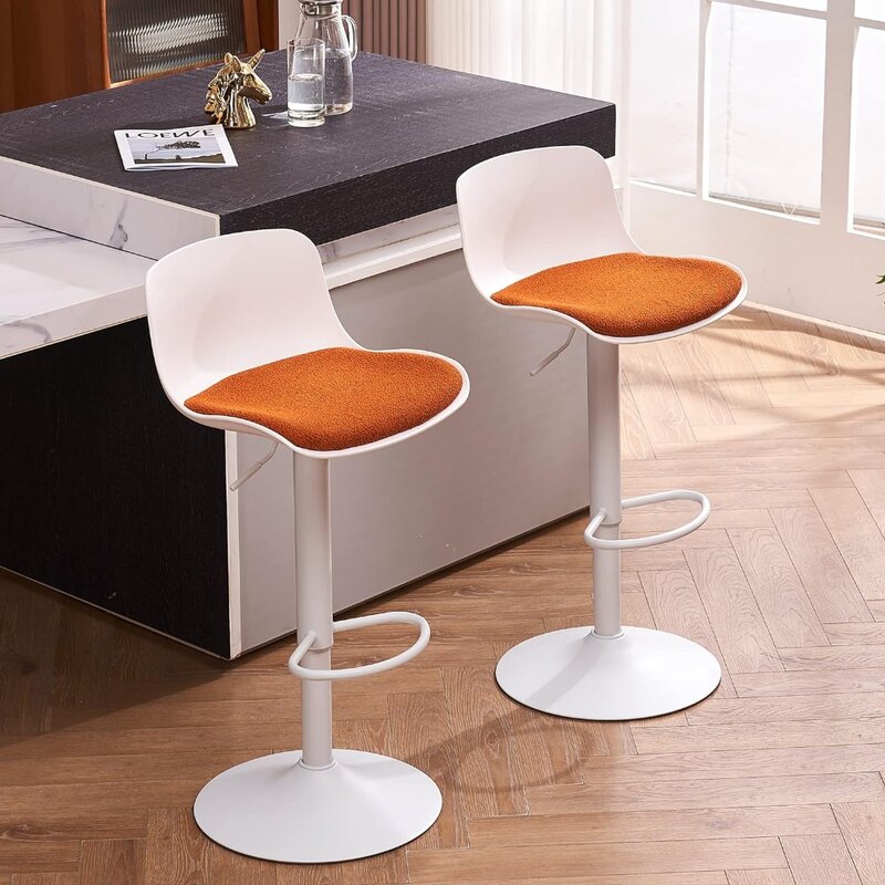YOUNIKE-taburetes de Bar con asiento acolchado de terciopelo naranja, taburete de altura de mostrador moderno blanco, taburetes giratorios ajustables, 2 unidades