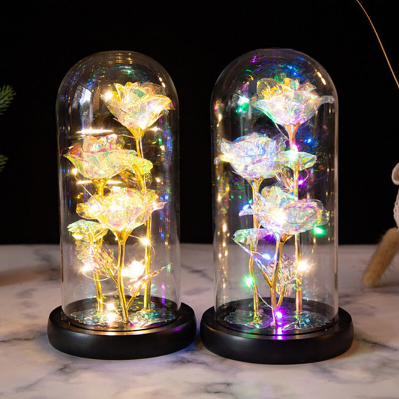 LED 조명이 달린 인공 장미 꽃, 배터리 구동, 유리 돔에 장미, 생일 선물, 21cm