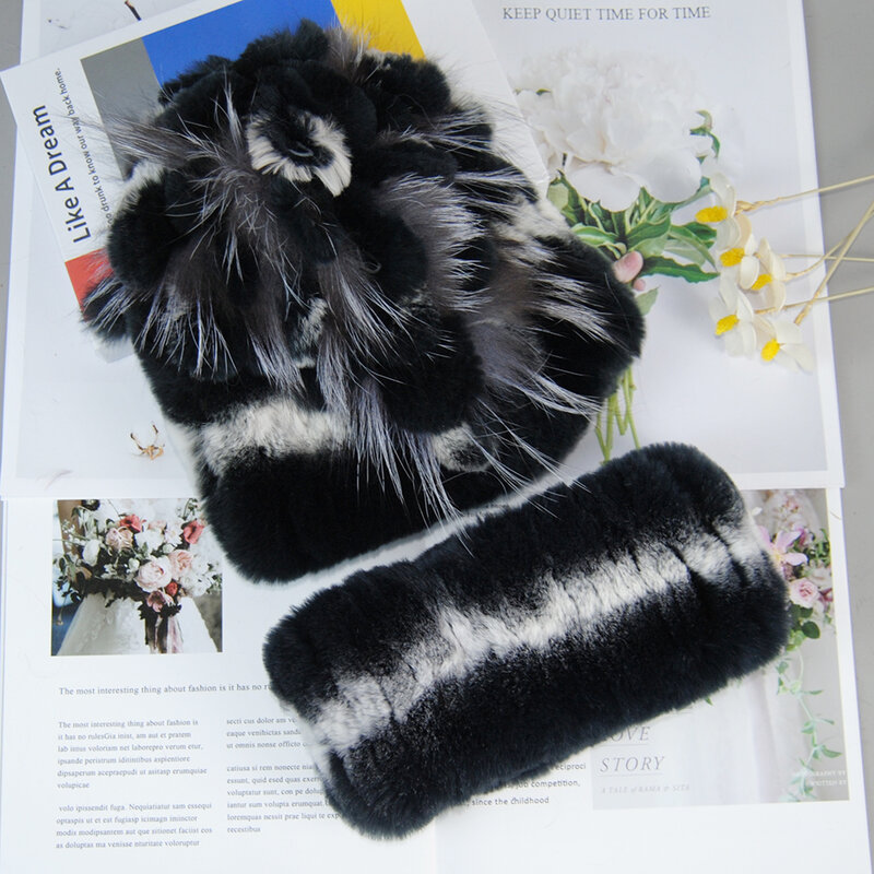 Hot Sale Women Warm Rex Rabbit Fur Hat Scarf Sets Winter Lady Knit Fur Hats Muffler 2 Pieces Natural Rex Rabbit Fur Cap Scarves