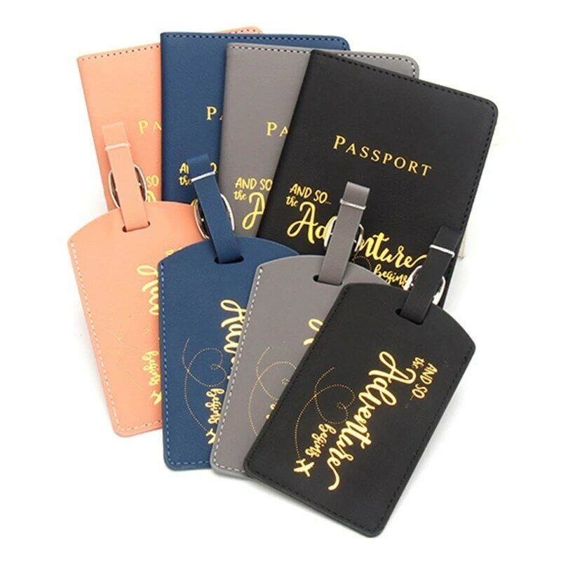 2Pcs/Set PU Leather Passport Holder Cover Case and Luggage Label Set Travel Accessories Suitcase Label Wallet