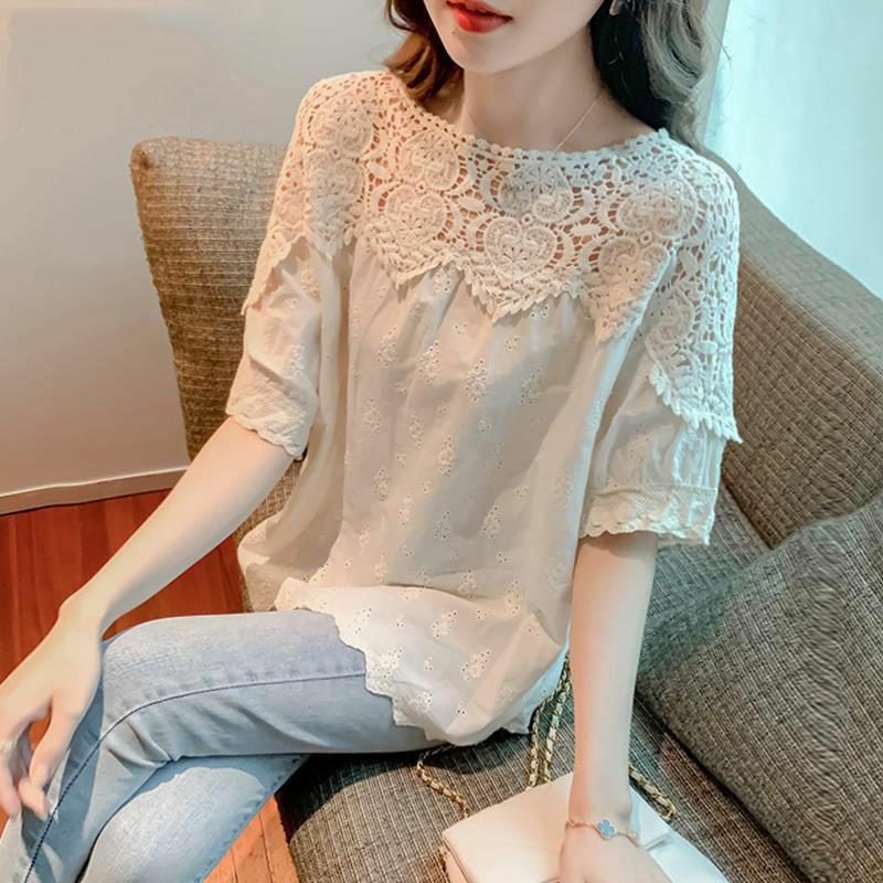 Blouse Women   Fashion  Summer  Lace  Floral  Short  Sleeve  Patchwork     Loose   Casual