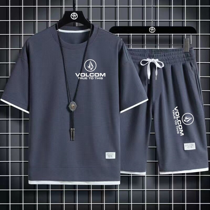 2024 VOLCOM 신상 남성 운동복, 2 피스 반팔 정장, 인쇄 티셔츠 및 스웻팬츠 세트, 여름 캐주얼 스포츠 의류