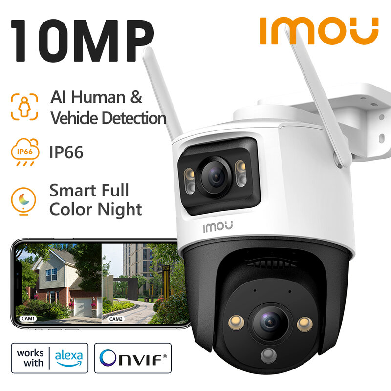 IMOU-Câmera de Vigilância Externa, Lente Dupla, PT, Segurança Doméstica, Câmera IP, Detecção de Humanos e Veículos AI, 10 MP