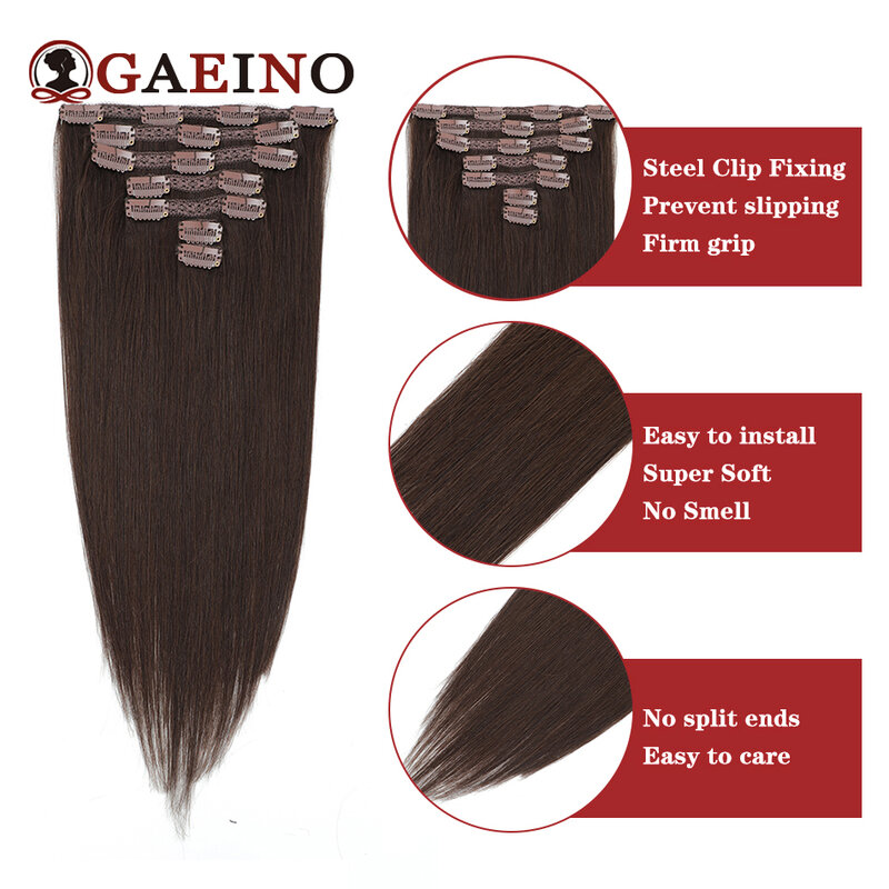 Clip na extensão do cabelo para Salon Supply, 100% Remy cabelo humano, castanho escuro reto, pedaço de cabelo, cabeça cheia, 14-28 em, 7PCs