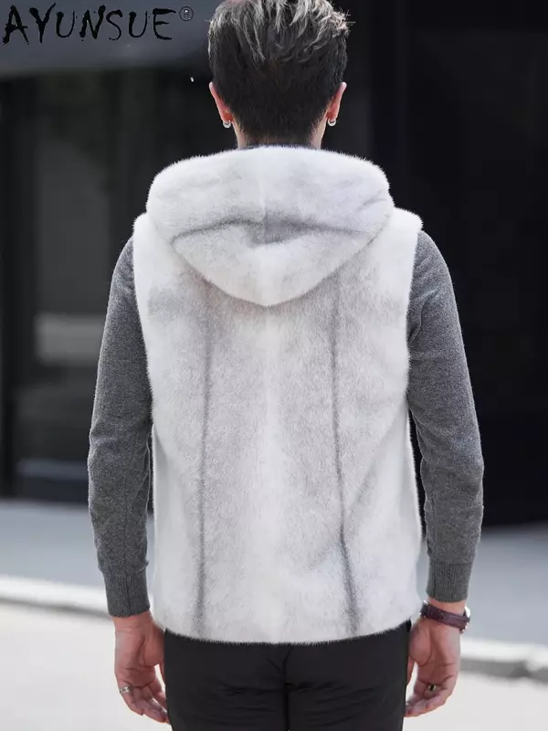 AYUNSUE Real Fur Coat Mink Fur Jackets for Men 2023 Luxury Sleeveless Fur Vest Mans Clothing Hooded Mink Fur Coats Streetwear
