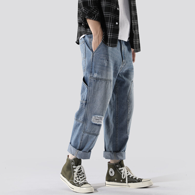Pantalones vaqueros rasgados de motorista para hombre, jeans Harajuku vintage de alta calidad, pantalones sueltos coreanos de nueve minutos, moda Y2K, multigeneración