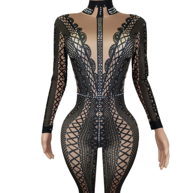 Women Sexy Black Print Jumpsuit Sparkling Crystals Bodysuit Celebrate Stage Wear Costume Nightclub Birthday Party Dresses Lianti