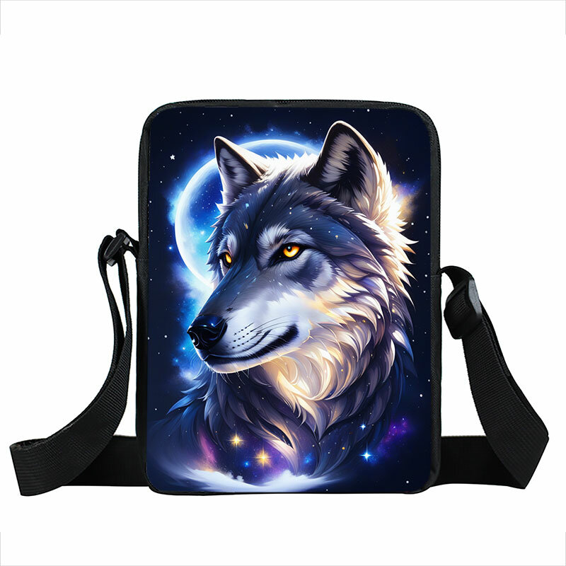 Tas selempang pola serigala melolong di bawah cahaya bulan wanita tas bahu siswa tas buku kunci tempat ponsel hadiah